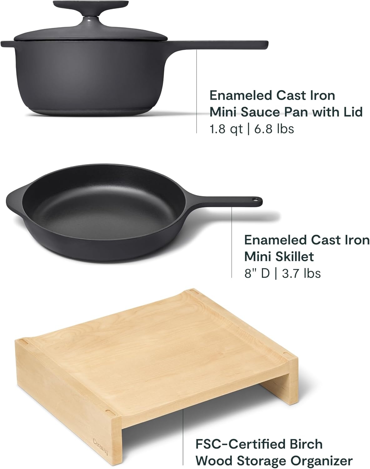 image:imageCaraway Enameled Cast Iron Bundle 8 Mini Skillet 18 qt Sauce Pan with Lid amp Storage Organizer Durable NonToxic Cookware for Stovetop amp Oven No Seasoning Required CreamCharcoal