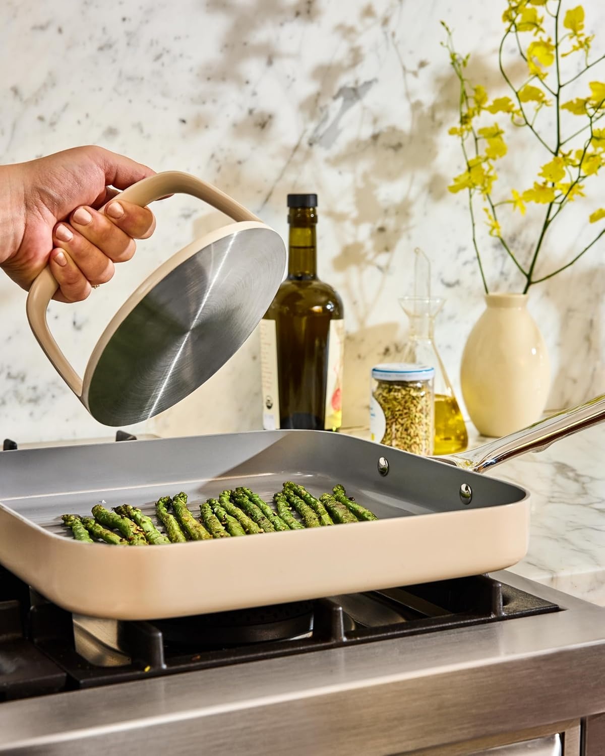 image:imageCaraway Grill Press with Handle 100 Stainless Steel Body Safe for Use with Pans and Grills Ideal for Meat Salmon Tofu Veggies CreamGray