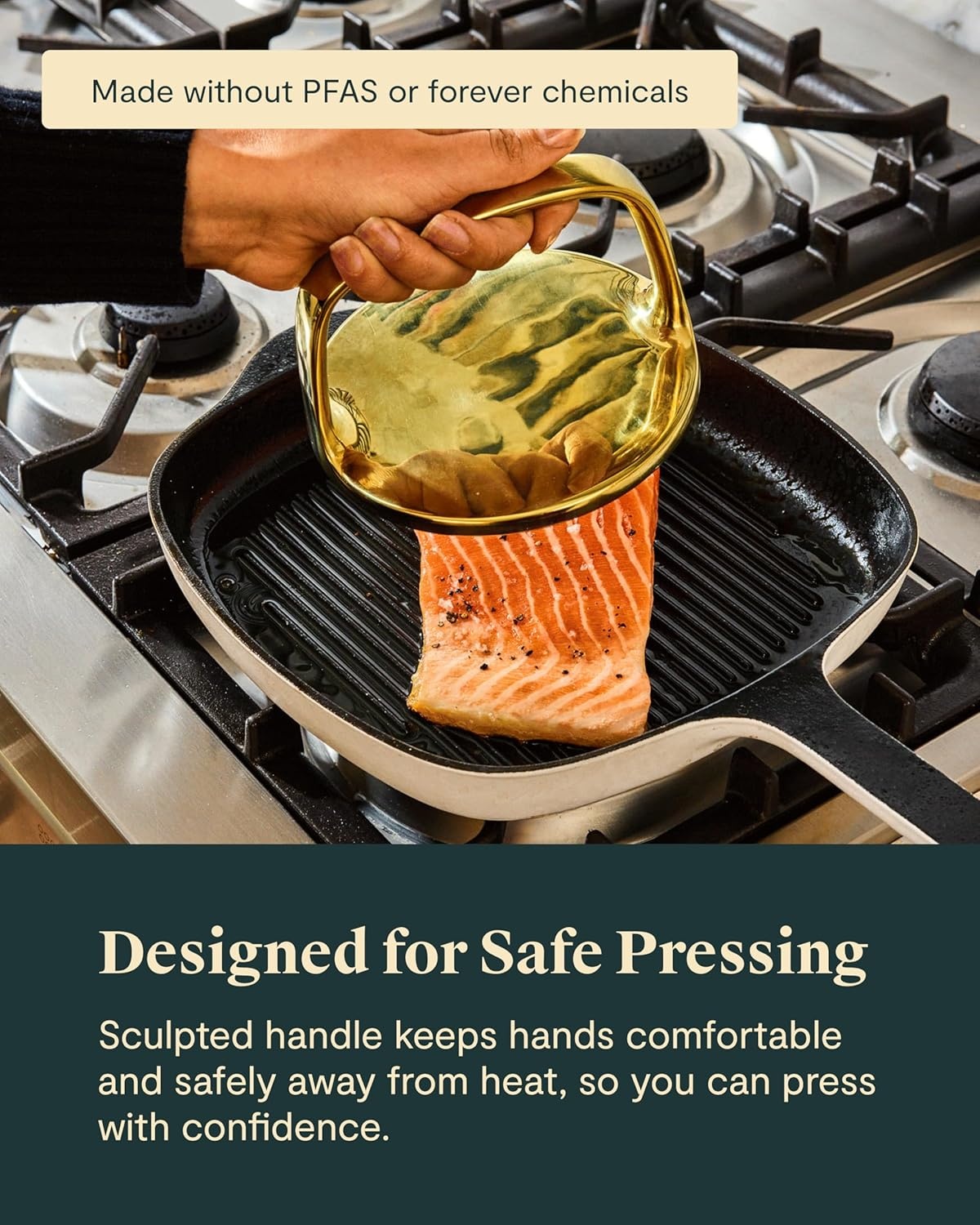 image:imageCaraway Grill Press with Handle 100 Stainless Steel Body Safe for Use with Pans and Grills Ideal for Meat Salmon Tofu Veggies CreamSage