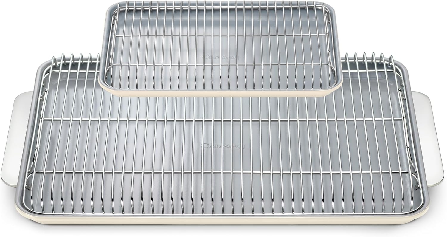 image:imageCaraway NonStick Ceramic Baking Sheet amp Cooling Rack Bundle Ceramic Coated NonToxic PTFE amp PFOA Free Large 18x13 Small 9x13 amp Cooling Racks GrayCream