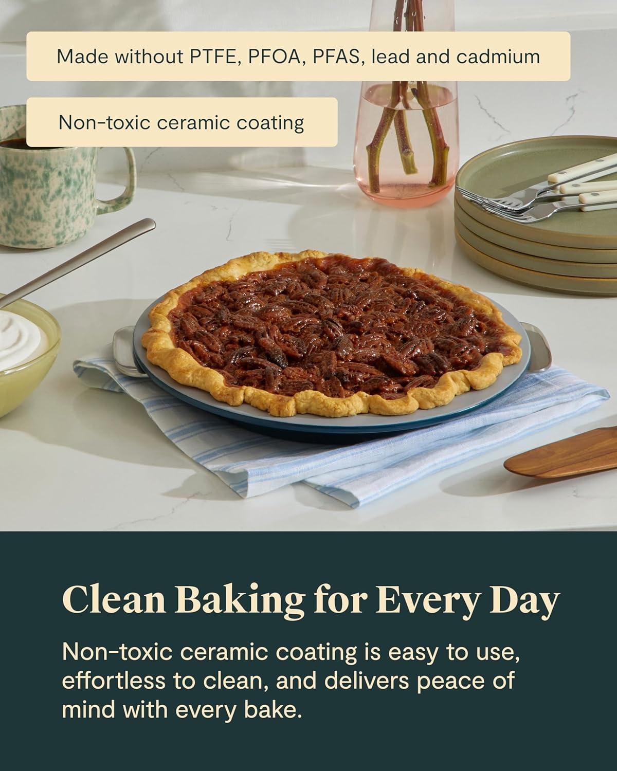 image:imageCaraway Pie Pan 9 NonStick Ceramic Baking Pan with Handles Oven Safe up to 550F NonToxic PTFE amp PFOA Free PerracottaWhite