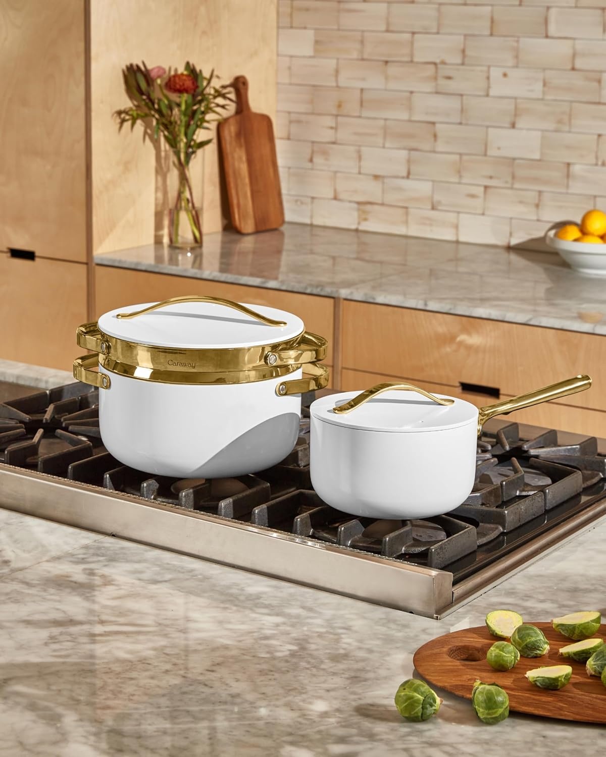 image:imageCaraway Small amp Large Steamer Set Made with Handles Non Stick Non Toxic Coating Steam Veggies Seafood and More Compatible With Our Dutch Oven or Sauce Pan 3qt amp 65qt Stainless SteelGold