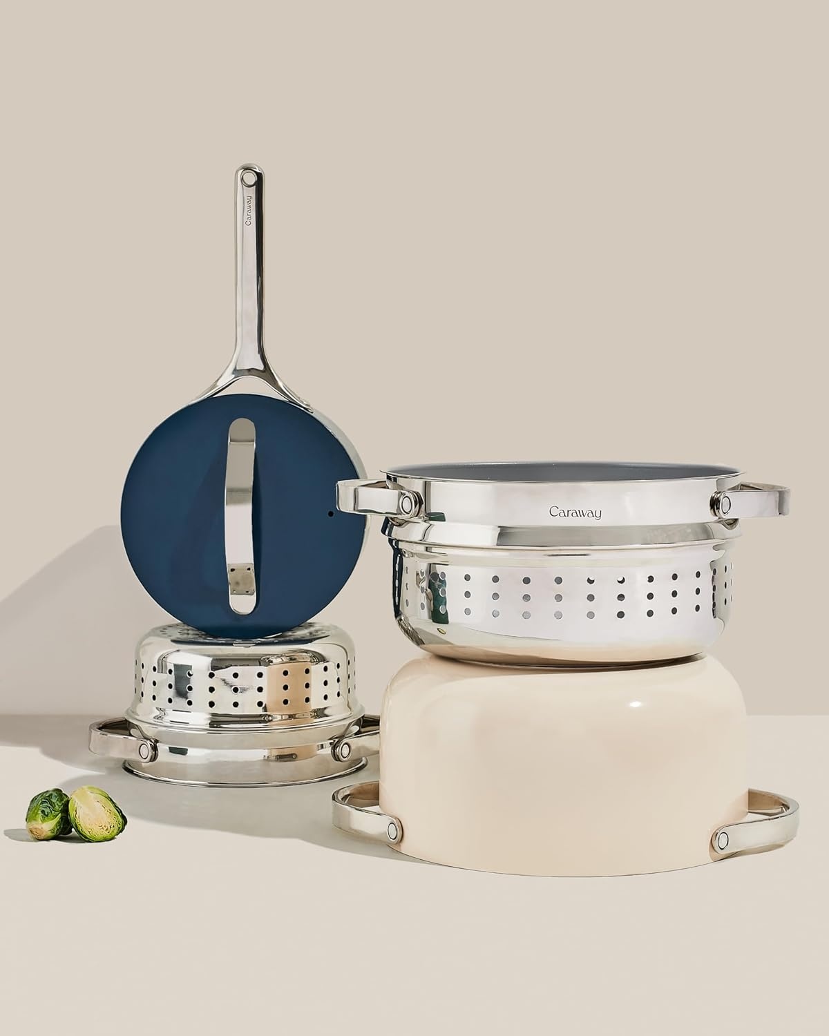 image:imageCaraway Small amp Large Steamer Set Made with Handles Non Stick Non Toxic Coating Steam Veggies Seafood and More Compatible With Our Dutch Oven or Sauce Pan 3qt amp 65qt Stainless SteelStainless Steel