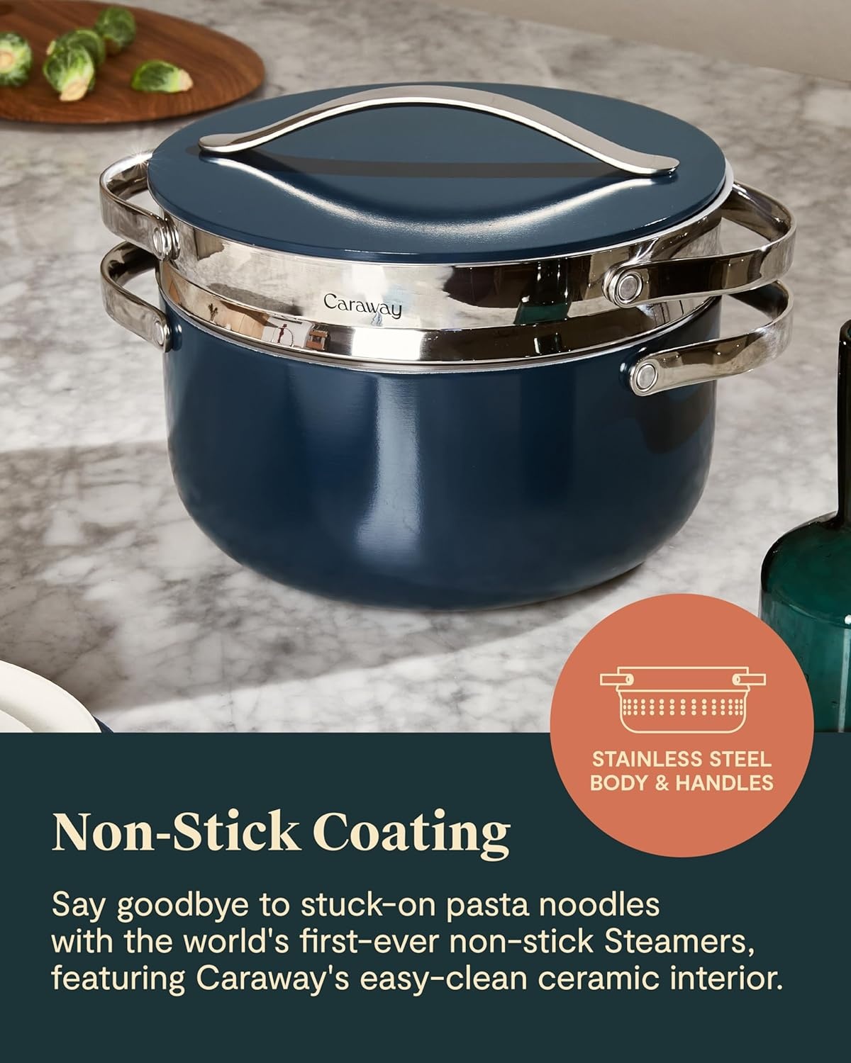image:imageCaraway Small amp Large Steamer Set Made with Handles Non Stick Non Toxic Coating Steam Veggies Seafood and More Compatible With Our Dutch Oven or Sauce Pan 3qt amp 65qt Stainless SteelStainless Steel