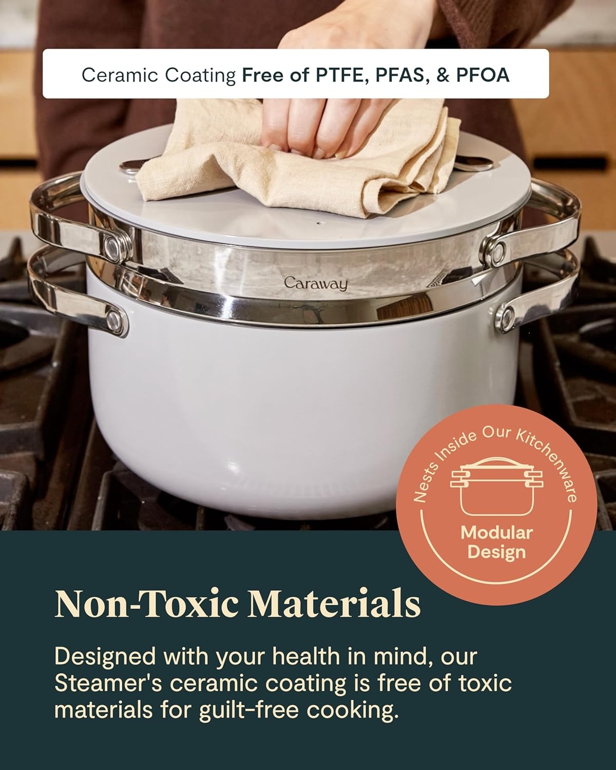 image:imageCaraway Small amp Large Steamer Set Made with Handles Non Stick Non Toxic Coating Steam Veggies Seafood and More Compatible With Our Dutch Oven or Sauce Pan 3qt amp 65qt Stainless SteelStainless Steel
