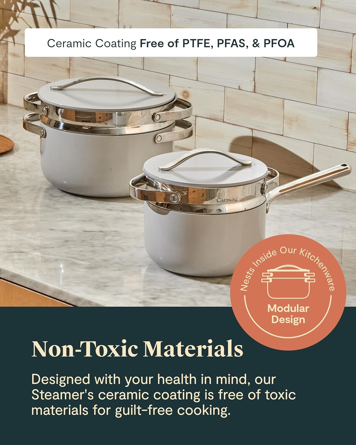 image:imageCaraway Small amp Large Steamer Set Made with Handles Non Stick Non Toxic Coating Steam Veggies Seafood and More Compatible With Our Dutch Oven or Sauce Pan 3qt amp 65qt Stainless SteelStainless Steel