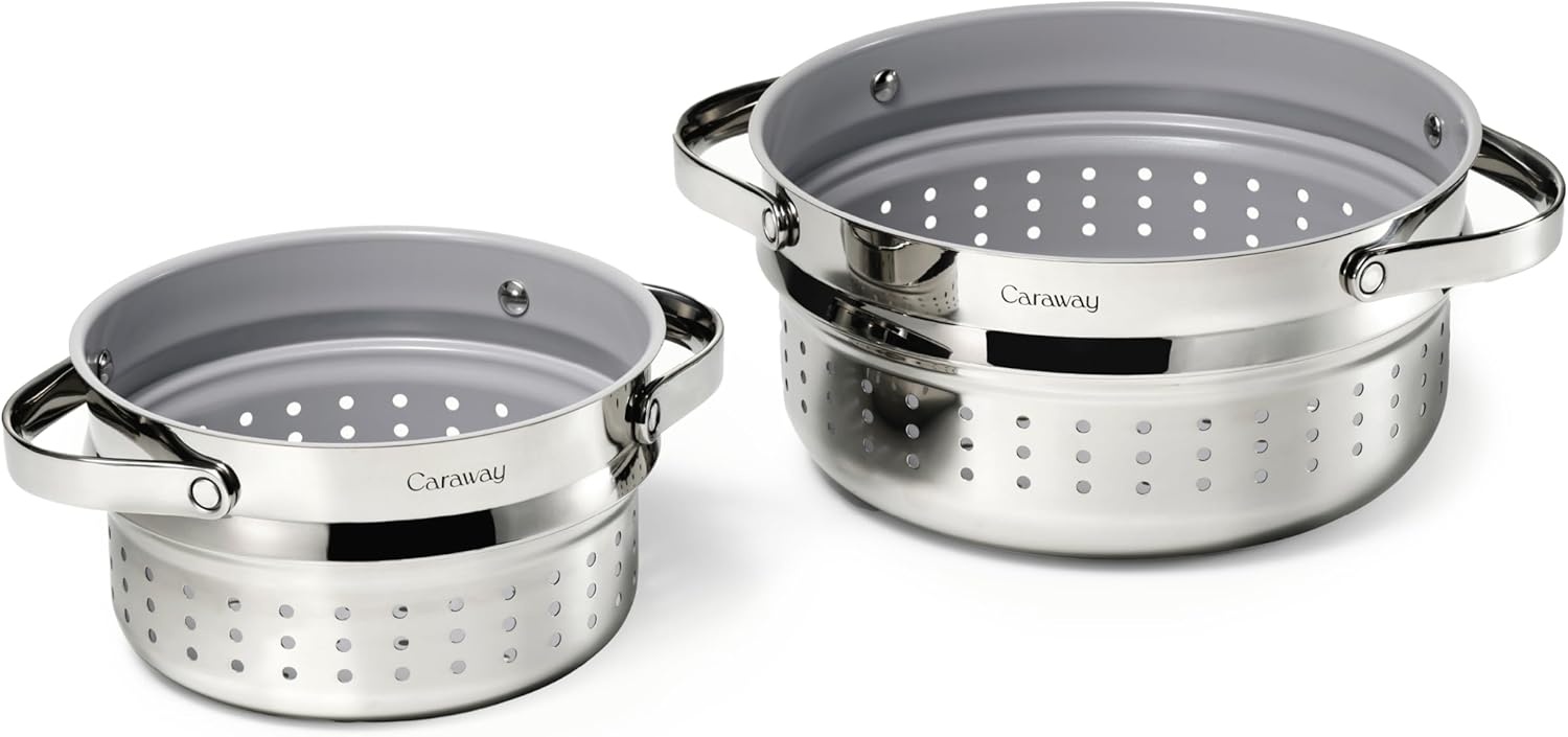 image:imageCaraway Small amp Large Steamer Set Made with Handles Non Stick Non Toxic Coating Steam Veggies Seafood and More Compatible With Our Dutch Oven or Sauce Pan 3qt amp 65qt Stainless SteelStainless Steel