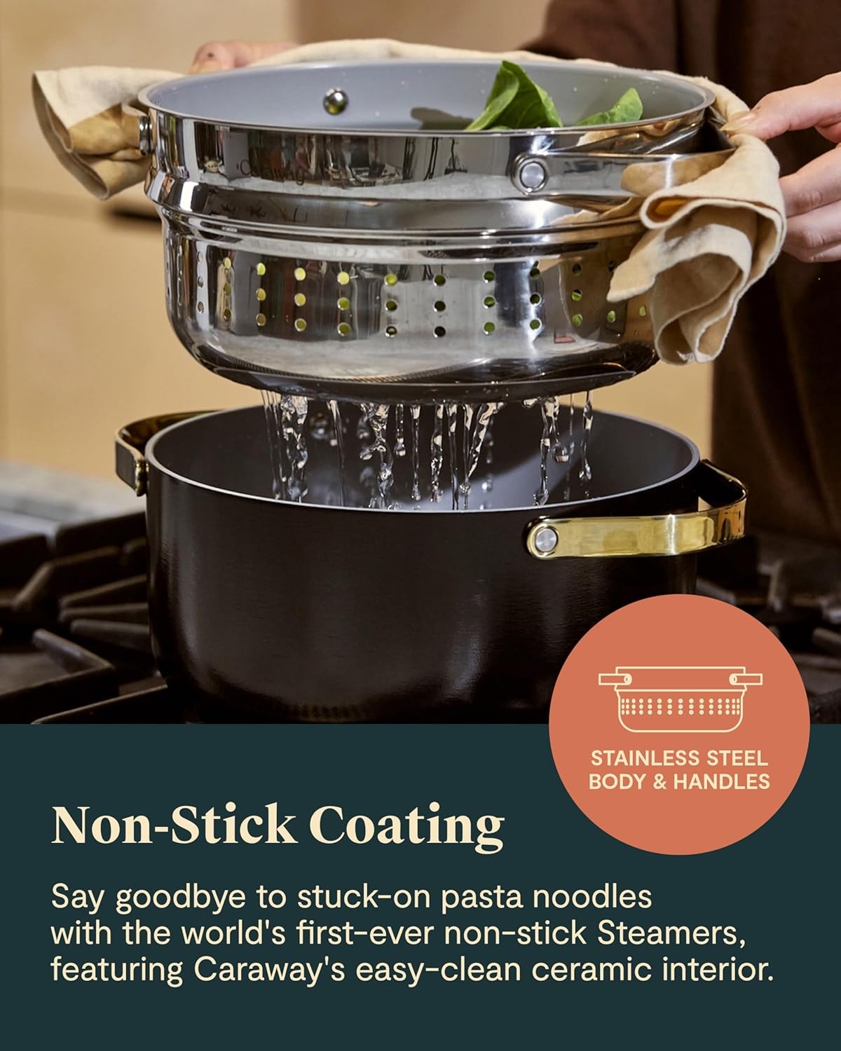 image:imageCaraway Small amp Large Steamer Set Made with Handles Non Stick Non Toxic Coating Steam Veggies Seafood and More Compatible With Our Dutch Oven or Sauce Pan 3qt amp 65qt Stainless SteelStainless Steel