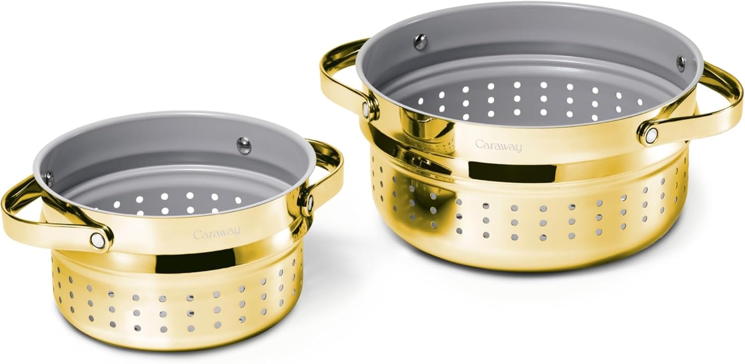 image:imageCaraway Small amp Large Steamer Set Made with Handles Non Stick Non Toxic Coating Steam Veggies Seafood and More Compatible With Our Dutch Oven or Sauce Pan 3qt amp 65qt Stainless SteelGold