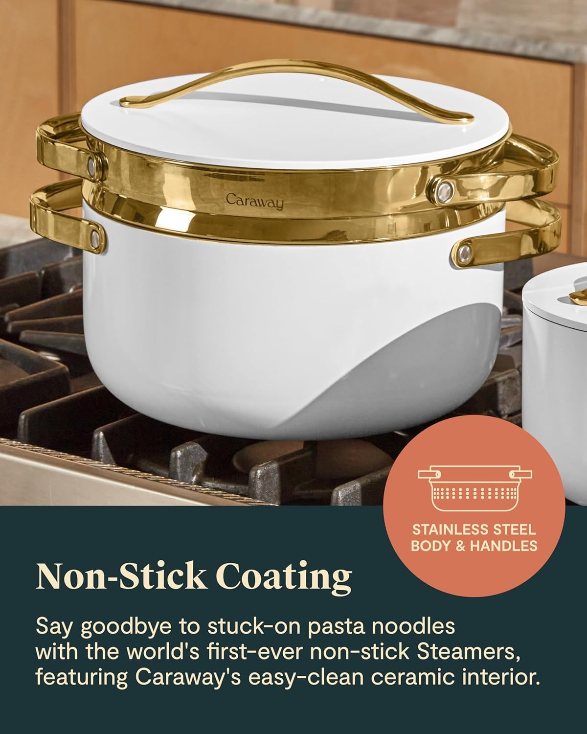 image:imageCaraway Small amp Large Steamer Set Made with Handles Non Stick Non Toxic Coating Steam Veggies Seafood and More Compatible With Our Dutch Oven or Sauce Pan 3qt amp 65qt Stainless SteelGold