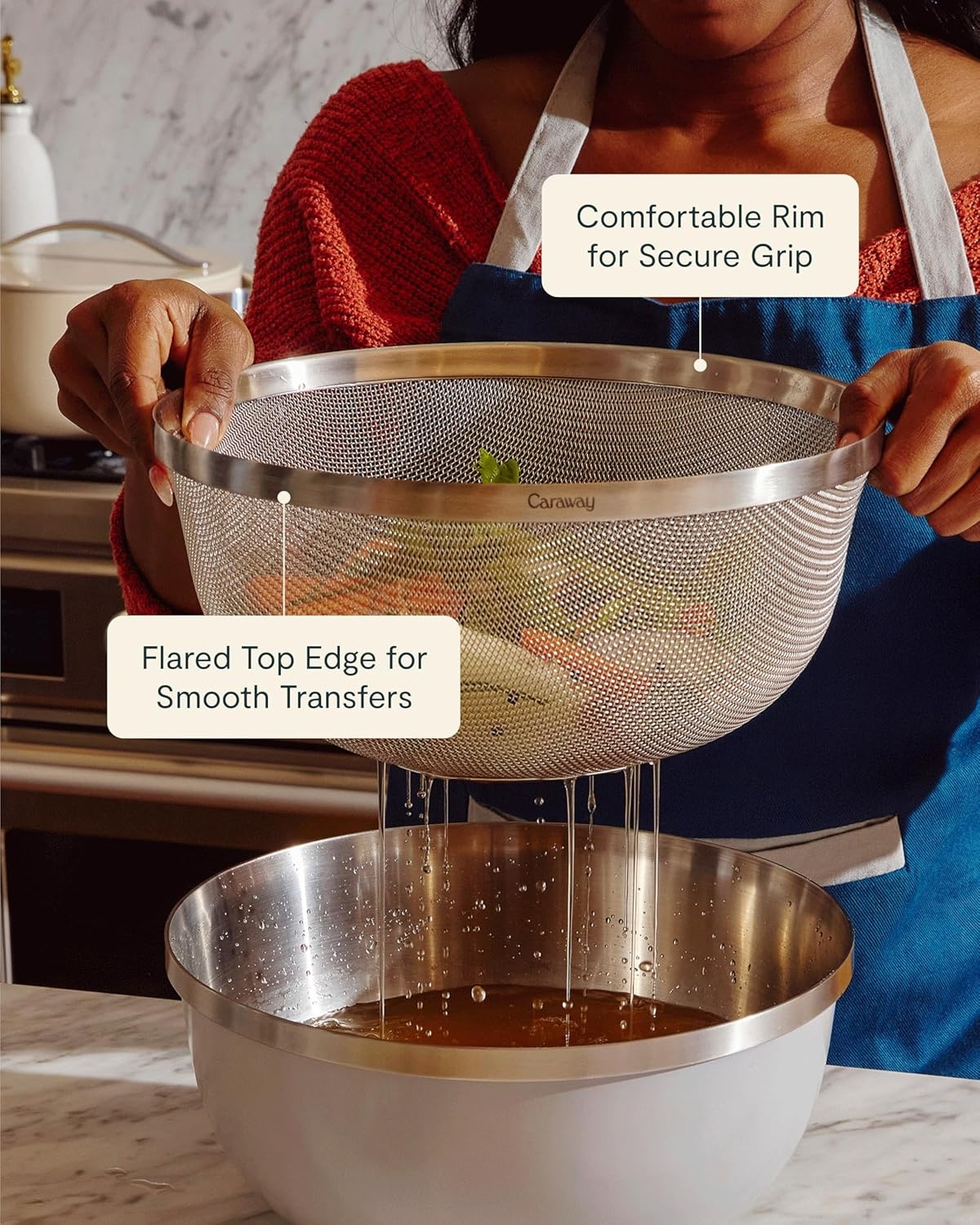 image:imageCaraway Stainless Steel Strainer 2 qt Kitchen Strainer Mesh Colander with Raised Base for Efficient Drainage NonToxic PFASFreeStainless Steel