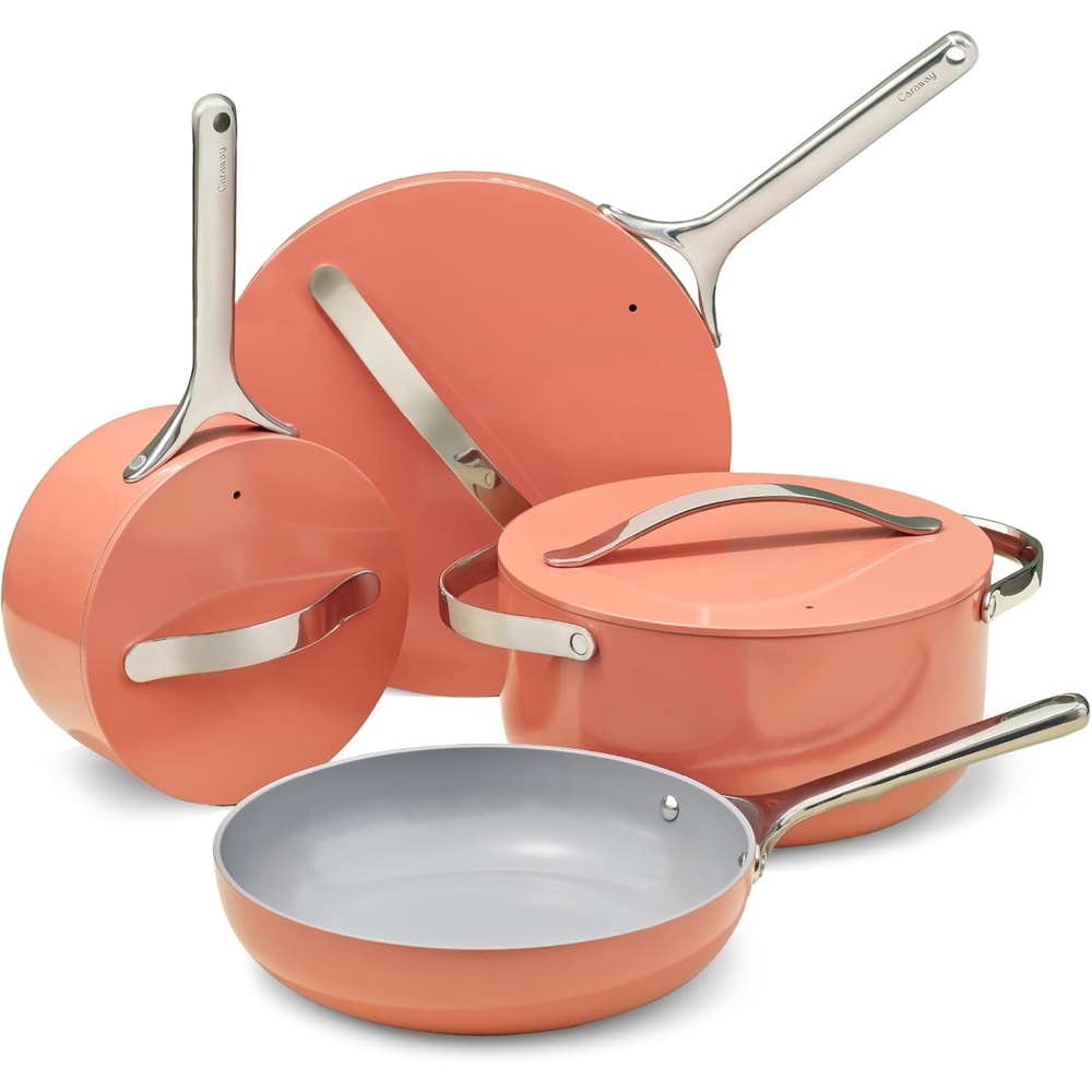 image:imageCaraway 31Piece Ceramic Cookware Bundle Fry Pans Saucepans Saut Pan Dutch Oven Petite Cooker Stir Fry Rondeau Stock Pot Grill amp Griddle Pans Roasting Pan Racks Organizers NavyPerracotta