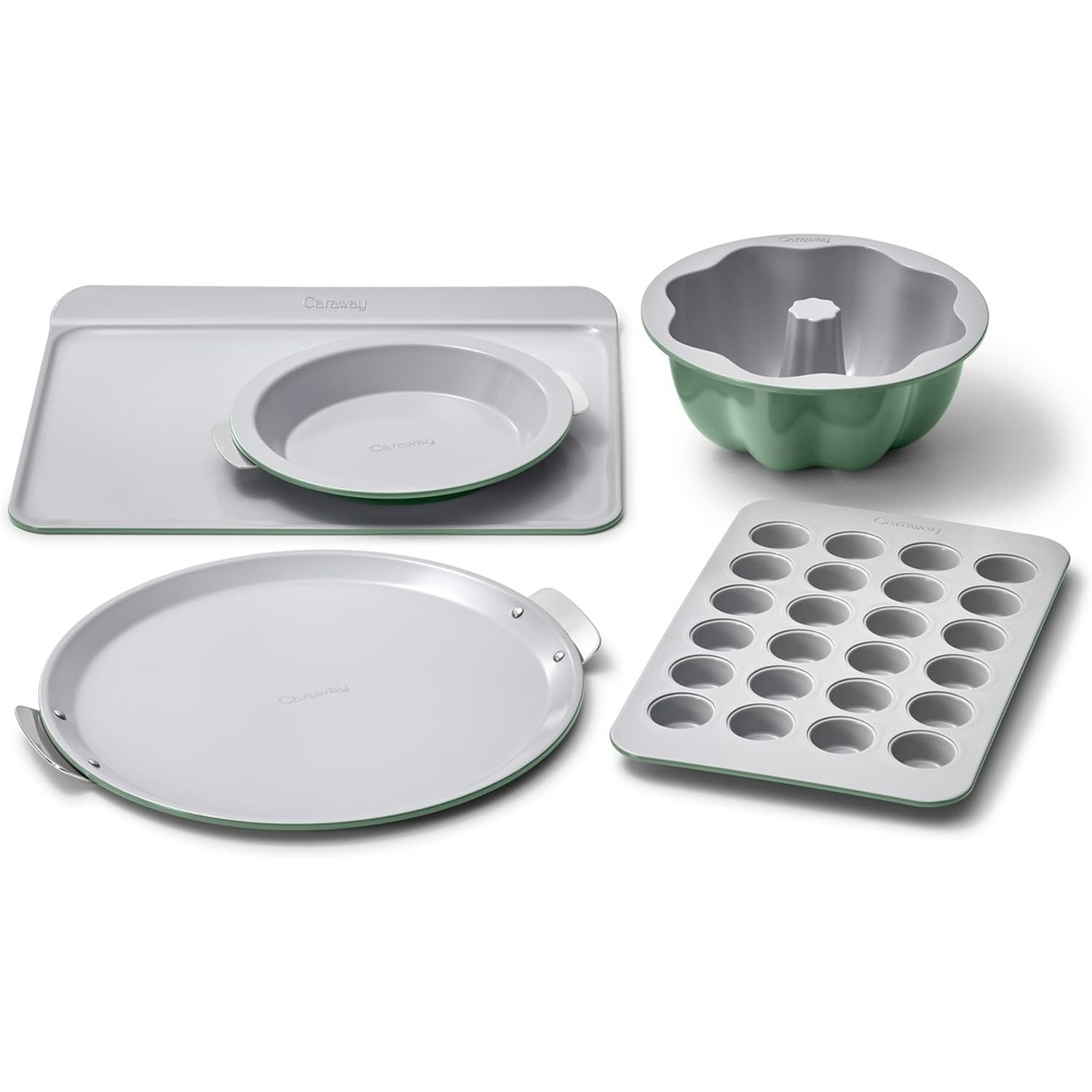 image:imageCaraway 5Piece Bakeware Set 15 Pizza Pan 9 Pie Pan 18 x 13 Cookie Sheet 24Cup Mini Muffin Pan and Fluted Cake Pan Oven Safe up to 550F NonToxic PTFE amp PFOA Free PerracottaSage