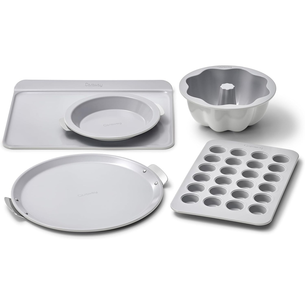 image:imageCaraway 5Piece Bakeware Set 15 Pizza Pan 9 Pie Pan 18 x 13 Cookie Sheet 24Cup Mini Muffin Pan and Fluted Cake Pan Oven Safe up to 550F NonToxic PTFE amp PFOA Free PerracottaGray