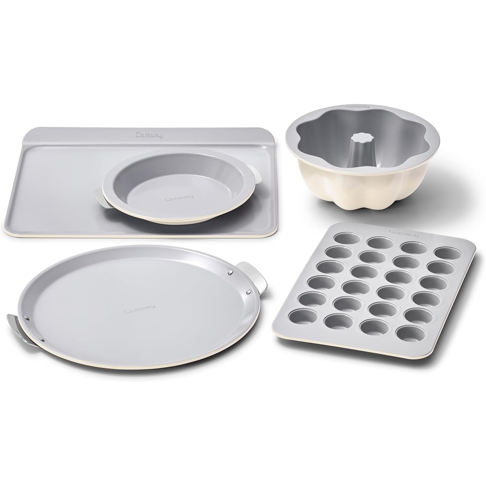 image:imageCaraway 5Piece Bakeware Set 15 Pizza Pan 9 Pie Pan 18 x 13 Cookie Sheet 24Cup Mini Muffin Pan and Fluted Cake Pan Oven Safe up to 550F NonToxic PTFE amp PFOA Free PerracottaCream