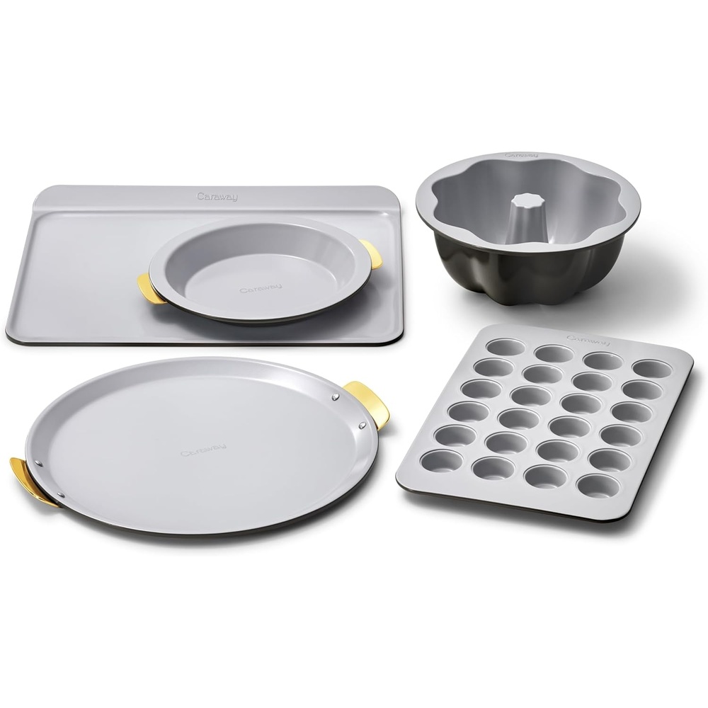 image:imageCaraway 5Piece Bakeware Set 15 Pizza Pan 9 Pie Pan 18 x 13 Cookie Sheet 24Cup Mini Muffin Pan and Fluted Cake Pan Oven Safe up to 550F NonToxic PTFE amp PFOA Free PerracottaBlack
