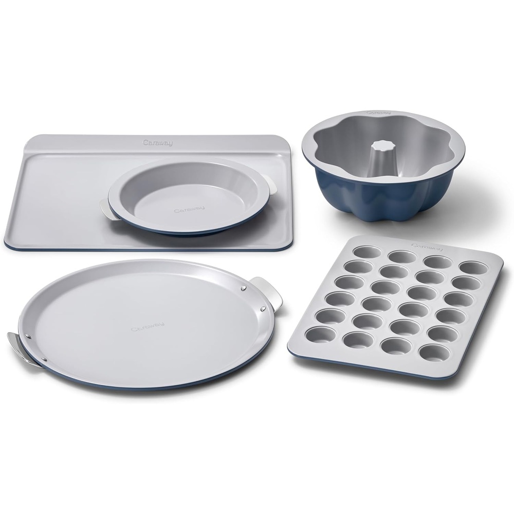 image:imageCaraway 5Piece Bakeware Set 15 Pizza Pan 9 Pie Pan 18 x 13 Cookie Sheet 24Cup Mini Muffin Pan and Fluted Cake Pan Oven Safe up to 550F NonToxic PTFE amp PFOA Free PerracottaNavy