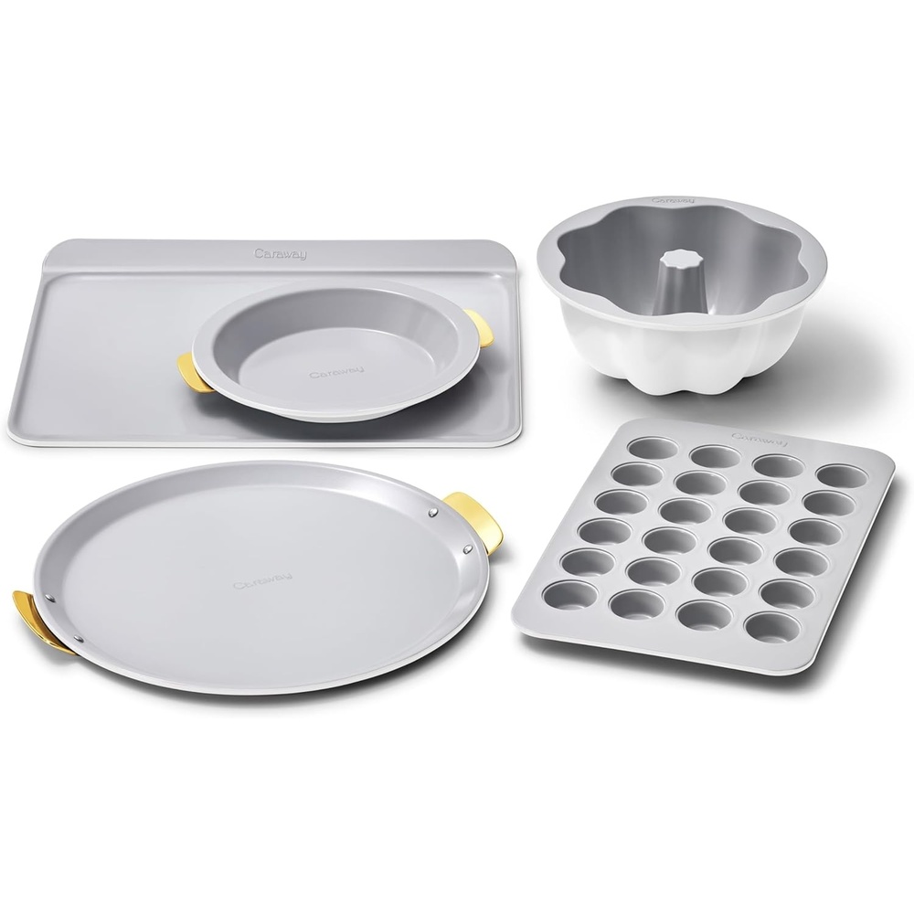 image:imageCaraway 5Piece Bakeware Set 15 Pizza Pan 9 Pie Pan 18 x 13 Cookie Sheet 24Cup Mini Muffin Pan and Fluted Cake Pan Oven Safe up to 550F NonToxic PTFE amp PFOA Free PerracottaWhite