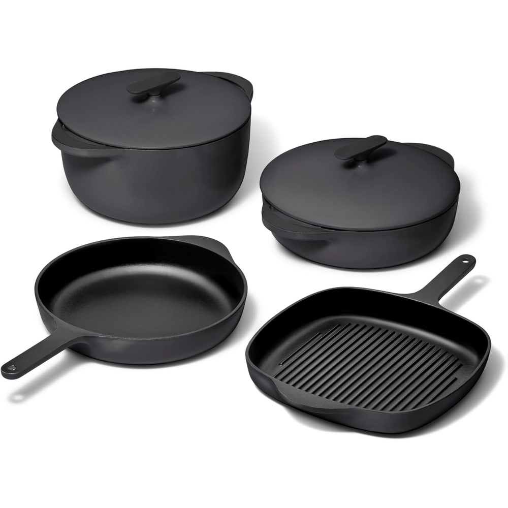 image:imageCaraway 8Piece Enameled Cast Iron Set 105 Skillet Grill Pan 35 qt Braiser Pan 65 qt Dutch Oven with Lid and Organizers NonToxic 3Layer Enamel Coating No Seasoning Required Dark NavyCharcoal