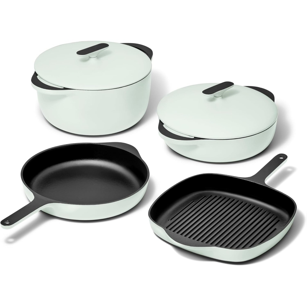 image:imageCaraway 8Piece Enameled Cast Iron Set 105 Skillet Grill Pan 35 qt Braiser Pan 65 qt Dutch Oven with Lid and Organizers NonToxic 3Layer Enamel Coating No Seasoning Required Dark NavyLight Mist