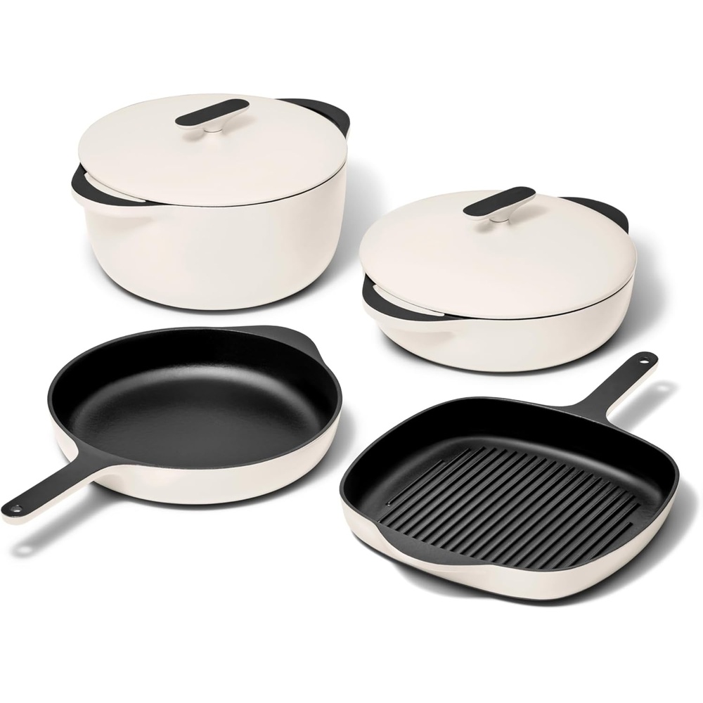 image:imageCaraway 8Piece Enameled Cast Iron Set  105 Skillet Grill Pan 35 qt Braiser Pan 65 qt Dutch Oven with Lid and Organizers  NonToxic 3Layer Enamel Coating  No Seasoning Required  Dark NavyCream