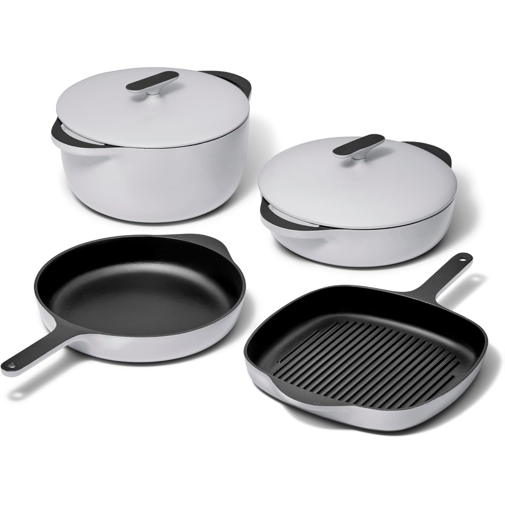 image:imageCaraway 8Piece Enameled Cast Iron Set  105 Skillet Grill Pan 35 qt Braiser Pan 65 qt Dutch Oven with Lid and Organizers  NonToxic 3Layer Enamel Coating  No Seasoning Required  Dark NavyGray