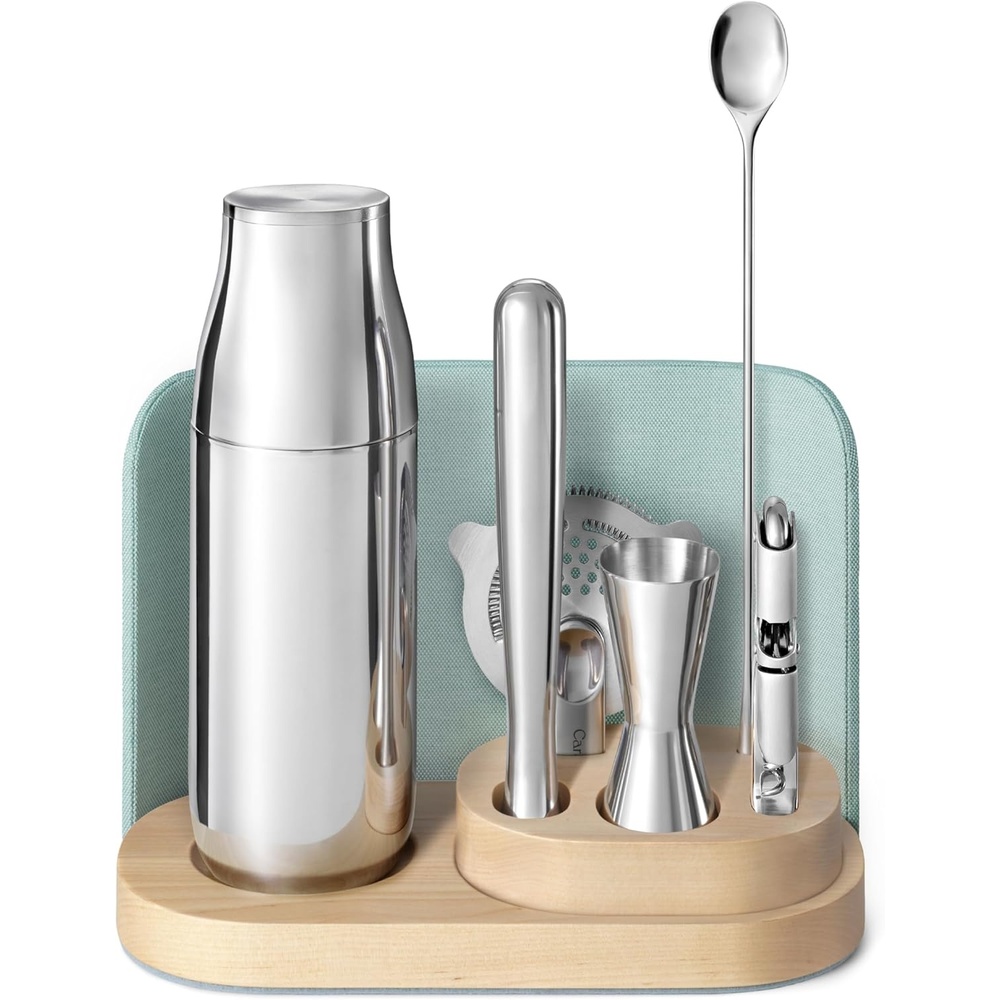 image:imageCaraway 9Piece Complete Bar Set Cocktail Shaker Jigger Muddler Wine Key Strainer Bar Spoon Storage Organizer Magnetic Backer Bartender Accessories Tools for Home Bartending CreamMist