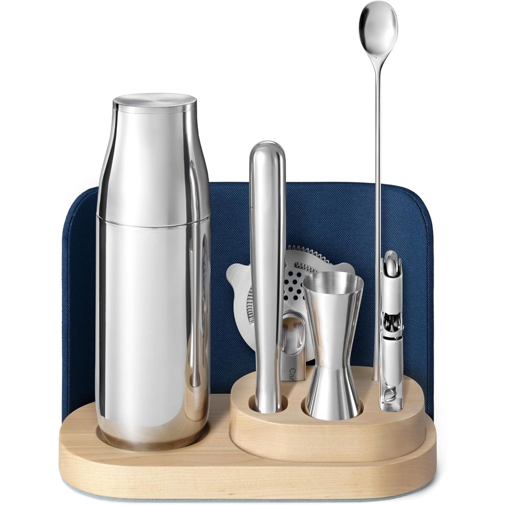 image:imageCaraway 9Piece Complete Bar Set Cocktail Shaker Jigger Muddler Wine Key Strainer Bar Spoon Storage Organizer Magnetic Backer Bartender Accessories Tools for Home Bartending CreamNavy