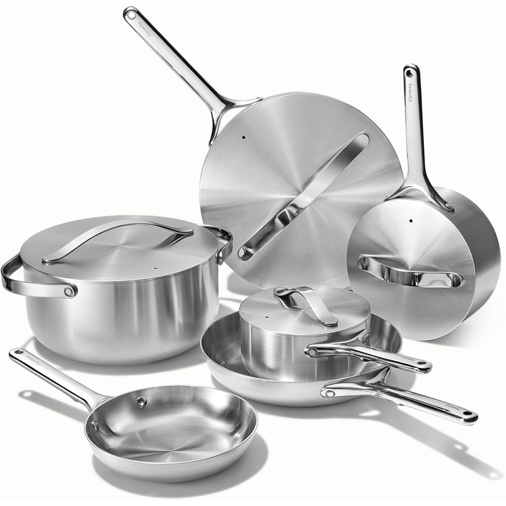 image:imageCaraway Stainless Steel Deluxe Cookware Set 16 Piece 5Ply Stainless Steel Pots Frying Pans Lids and Kitchen Storage Non Toxic PTFE amp PFOA Free16pc Deluxe Cookware Set
