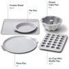 Caraway 5-Piece Bakeware+ Set – 15” Pizza Pan, 9” Pie Pan, 18” x 13” Cookie Sheet, 24-Cup Mini Muffin Pan and Fluted Cake Pan – Oven Safe up to 550ºF – Non-Toxic, PTFE & PFOA Free – Perracotta(Gray)