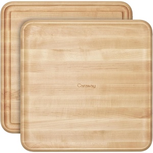 Caraway 3-Piece Prep & Serve Butcher Block Set, Includes 17” Rectangle Cutting Board, 12” Square Cutting Board and Metal Storage Rack, Maple(Maple)
