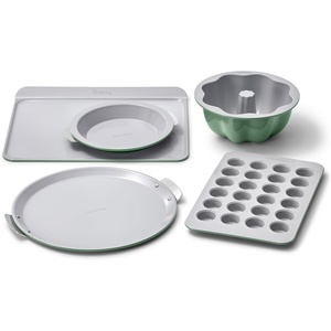 Caraway 5-Piece Bakeware+ Set – 15” Pizza Pan, 9” Pie Pan, 18” x 13” Cookie Sheet, 24-Cup Mini Muffin Pan and Fluted Cake Pan – Oven Safe up to 550ºF – Non-Toxic, PTFE & PFOA Free – Perracotta(Sage)