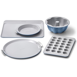 Caraway 5-Piece Bakeware+ Set – 15” Pizza Pan, 9” Pie Pan, 18” x 13” Cookie Sheet, 24-Cup Mini Muffin Pan and Fluted Cake Pan – Oven Safe up to 550ºF – Non-Toxic, PTFE & PFOA Free – Perracotta(Slate)