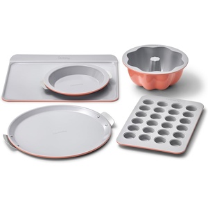 Caraway 5-Piece Bakeware+ Set – 15” Pizza Pan, 9” Pie Pan, 18” x 13” Cookie Sheet, 24-Cup Mini Muffin Pan and Fluted Cake Pan – Oven Safe up to 550ºF – Non-Toxic, PTFE & PFOA Free – Perracotta(Perracotta)