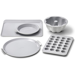Caraway 5-Piece Bakeware+ Set – 15” Pizza Pan, 9” Pie Pan, 18” x 13” Cookie Sheet, 24-Cup Mini Muffin Pan and Fluted Cake Pan – Oven Safe up to 550ºF – Non-Toxic, PTFE & PFOA Free – Perracotta(Gray)