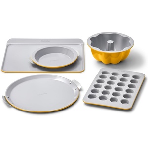 Caraway 5-Piece Bakeware+ Set – 15” Pizza Pan, 9” Pie Pan, 18” x 13” Cookie Sheet, 24-Cup Mini Muffin Pan and Fluted Cake Pan – Oven Safe up to 550ºF – Non-Toxic, PTFE & PFOA Free – Perracotta(Marigold)