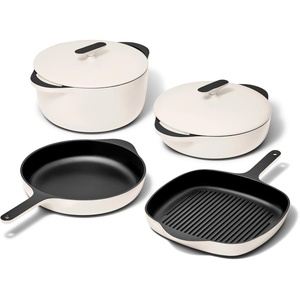 Caraway 8-Piece Enameled Cast Iron Set – 10.5” Skillet, Grill Pan, 3.5 qt Braiser Pan, 6.5 qt Dutch Oven with Lid and Organizers – Non-Toxic 3-Layer Enamel Coating – No Seasoning Required – Dark Navy(Cream)