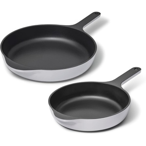 Caraway Enameled Cast Iron Bundle – 8″ Mini Skillet, 1.8 qt Sauce Pan with Lid & Storage Organizer – Durable, Non-Toxic Cookware for Stovetop & Oven – No Seasoning Required – Cream(Gray)