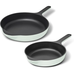 Caraway Enameled Cast Iron Bundle – 8″ Mini Skillet, 1.8 qt Sauce Pan with Lid & Storage Organizer – Durable, Non-Toxic Cookware for Stovetop & Oven – No Seasoning Required – Cream(Light Mist)