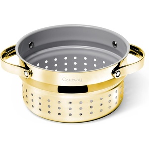 Caraway Small & Large Steamer Set – Made with Handles – Non Stick, Non Toxic Coating – Steam Veggies, Seafood, and More – Compatible With Our Dutch Oven or Sauce Pan – 3qt & 6.5qt – Stainless Steel(Gold)