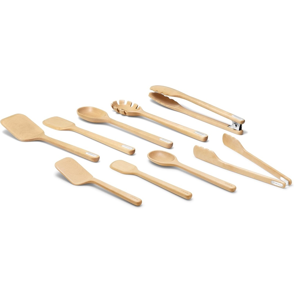 image:imageCaraway 9Piece Wooden Kitchen Utensils Set for Cooking Serving and Plating  Includes FullSize and Mini Spoons Scrapers Spatulas Tongs and Server  Birch Wood